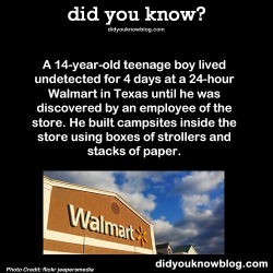 did-you-kno:  A 14-year-old teenage boy lived undetected for 4 days at a 24-hour Walmart in Texas until he was discovered by an employee of the store. He built campsites inside the store using boxes of strollers and stacks of paper. Source