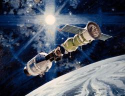 astrohardware:  A beautiful painting of the Apollo-Soyuz mission from 1974. Sometimes paintings of space scenes seem a little exaggerated. I don’t really see anything wrong with that. 