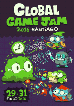 butzbo:  Part of a poster I made for the international Global Game Jam 2016 to take place in Santiago, Chile, and made a little gif out of it!It was fun to reinterpet the (debatibly) main roles which take part on a game jam (musician/sound designer ;
