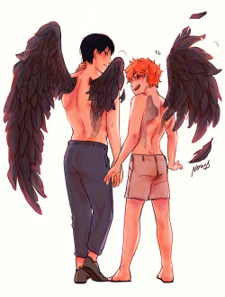 noranb-artstuffs:Next on things that probably have been done before: Karasuno Angel AU Where wings aren’t something they’re born with but are more like a rite of passage once they graduate / choose their careers etc. (Didn’t work out the details