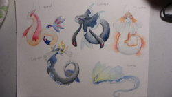yukirahanou:  Milotic Subspecies  1.  Normal2.  Lumineon (Deep Sea)3.  Goldeen (Pond)4.  Empoleon (Tundra)5.  Aurorus (River)  I wanted to add a Serperior one but on this paper I ran out of room… maybe someday I’ll draw it.