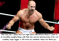 wrestlingssexconfessions:  Dear God, Can I please have one night alone with Antonio Cesaro? I want to do incredibly naughty things with that man and his amazing body. If he’s not available, Dolph Ziggler or CM Punk can substitute. Please and thank you.