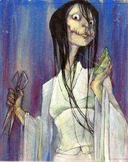 pupukachoo:  lilebile:   Kuchisake-onna, aka the Slit-Mouth Woman. If you see her tell her she looks “so-so” or throw candy at her and run. Gouache on press-board (the back of a sketch pad…). Haven’t painted that big for a while! All these old