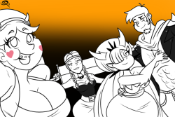 chillguydraws: I know I’m a little late for Summerween but the holiday really gets good when all the lights go out. Anyway here’s the Thicc crew in their costumes.  O oO &lt;3