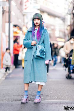 tokyo-fashion:  Colorful Japanese crepe shop staffer Emiry on the street in Harajuku wearing a long coat from Merry Jenny over a Teenstyle Select dress, a vintage quilted flower bag, and Office Kiko glitter platform heels. Full Look