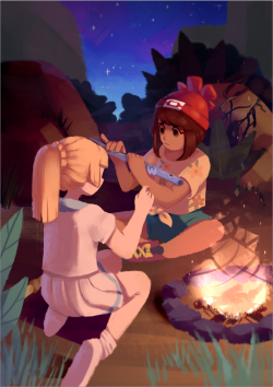 boogle: Camping trip on Poni island. Honestly, there’s no way in hell that moon just knew how to play the flute like that in the game, so I imagine that Lillie had to teach her. BONUS: 