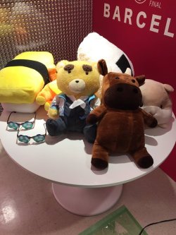 Many of the YOI skaters’ official Kiss &amp; Cry plushes, including Otabear and the onigiri, will be on display at Yuri!!! on Museum!Bonus: Viktor’s watery eyes in sunglasses form also present (???)