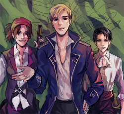 kelpls:  PIRATE AU they’re all from the same crew and erwin is the captain LEVI IS THE FIRST MATE AND HANJI IS THE NAVIGATOR. THe titans are like sea monsters and they’re sailing and sailing trying to find a safe place away from the titans while wrecking