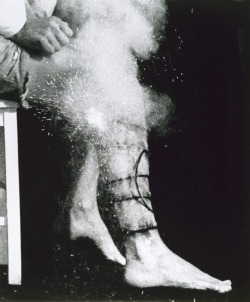 arpeggia:  Mike Parr - Integration 3 (Leg spiral), 1975 Photo by George Goldberg &ldquo;Four photographs documenting a performance by Parr in which he lit a fuse that spiralled around his leg, groaning as it burned out. It was part of a series of performa