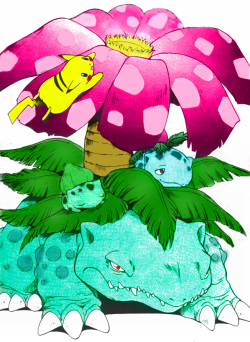 cataclysmicmelody:Bulbasaur （フシギダネ）Ivysaur（フシギソウ）Venusaur（フシギバナ）….[ Pikachu （ピカチュウ）]Some of my favorite Pokemon! (The entire evolutionary line’s names in Japanese are puns.)