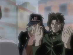 tenmaranger:  Originally, I was screencapping for the hilarious dumb faces, but I kept laughing at how fucking MOE Kakyoin was in the 2002 part of the OVA. Like, so Moe, they couldn’t decide on his height. Bonus because I couldn’t fit this into the