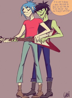 multicoloredpineapple:  Murdoc teaching his apprentice how to play bass