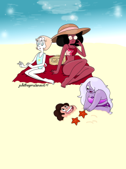 jadethegemstoneart:  Its getting nice out and the gems thought they would take advantage of this &amp; enjoy a nice day at the beach!  Characters belong to Rebecca Sugar. 