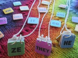 lokiofgallifrey:  shotsandasixstring:  disciplermonroe:  Genderfluid Pronouns Necklace Gender isn’t a binary, and it isn’t always a fixed point either. We’d seen pronoun necklaces before and thought they were very cool and could be useful, except