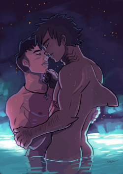 tohdaryl:  A shark boy and his human surfer boy finds love in the bio-luminescence of the night. Art inspired by this song: Daughter - Shallows 