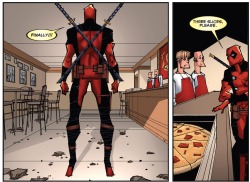 ravendorkholme:  marcelines-pet:  of-castles-and-converses:  itsdeepforhappypeople:  Awwwwwww cutie  that awkward moment when deadpool is a better person than you because you would have just stole the pizza and not given a fuck  dead pool isn’t really