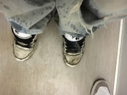 sk8erpigvienna:  Husband pissing on my sneax, me pissing in my shorts at work, and the three layers of dirty socks 