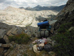 wildernessjournals:Lunch time on Finger Pass–my big pack and Mt. Goddard in the distance. Sequoia-Kings Canyon National Parks, SEKI, Sierra Nevada Mountains, California, USA. Photo by Van Miller