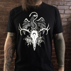 poisonappleprintshop:  The Woodland Order t-shirt from Poison Apple PrintshopAn eagle grasps a writhing serpent as it sits upon a deer skull. The Woodland Order represents the continuous cycle of life and death within the realm of Nature. The Eagle lives