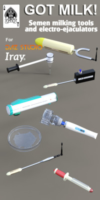  A set of Iray textured  machines and devices to collect semen from your  males and tantalise your females. Can be used with any Poser figures   Electro ejaculators are used to safely harvest semen . In humans it is  used in infertility treatment when