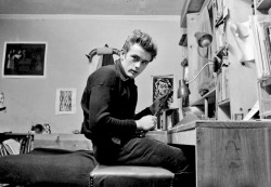 babeimgonnaleaveu:   James Dean in his apartment on West 68th Street, New York City, 1955. 