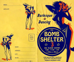 Amazing graphic design work is featured on the cover of a souvenir program card from ‘The BOMB SHELTER’.. This nightclub was operated by Hank Bickles and Jack Groat; and located in Long Beach, California..