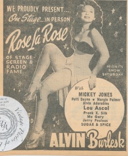 burlyqnell:  Rose la Rose: vintage newspaper ad for Rose appearing at the Minneapolis Alvin Burlesk theater. 