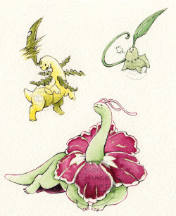 gracekraft:  Finally ready to start posting pieces from my Johtodex project.  The goal is to paint a watercolor of every Pokemon in the original Johto regional Pokedex using their original GBC color pallets. Starting things off with the Johto starters,