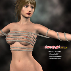 Time to tie up that G2F with these ropes and poses. New! Here at Renderotica! With Halycone’s new product you’ll get Greedy Girl Shape Morph, 15 poses for G2F, 13 adjust Morphs for G2F, 17 adjust Morphs for Rope, and Rope prop included! Pop this into