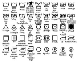 cheshworth:dduane:A guide to washing machine / laundry symbols.The unifying power of fabric care symbols: no matter what language you speak, you will have no idea how to wash your clothes.