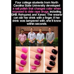 This is a great invention but how sickening that we live in a world where a woman has to buy nail polish to check if she has a date rape drug in her drink or not. I can&rsquo;t tell you how many times I&rsquo;ve called guys out on for being losers for