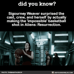 did-you-kno:  Sigourney Weaver surprised the cast, crew, and herself by actually making the ‘impossible’ basketball shot in Aliens: Resurrection. Source 