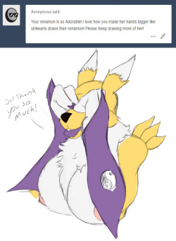 angrypotato96:   Aw come on now you’re making her blush! and i’ll admit strike is like 90% of the reason i love renamon Still doing an ama for characters if you wanna shot me an ask! 