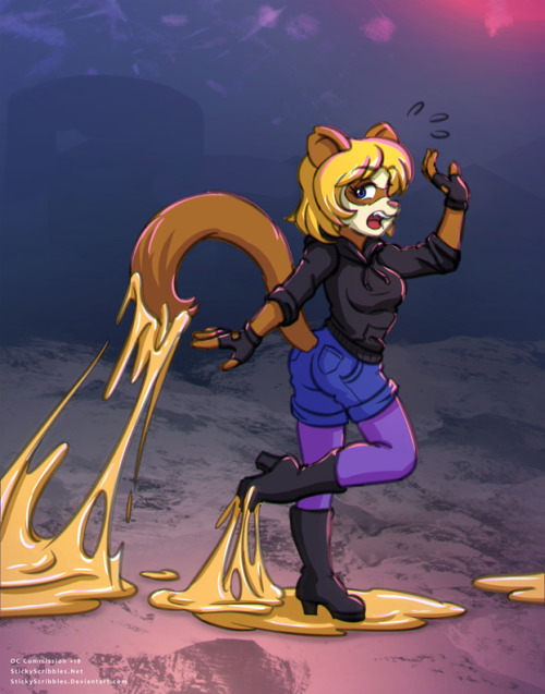 Ferret is caught walking into a puddle of glue. Her feet fasten in the sticky mess and her tail tail dripping with glue. She&rsquo;s a bit shocked.Commission for Bizlok. Feel free to repost. //Like what you see? Support us for more on going art content,