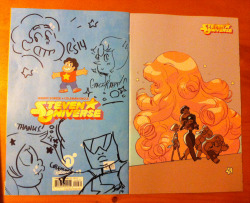 OK first, the Gallery Nucleus exclusive comic cover by Rebecca Sugar along side the signatures/sketches my little sister got on her copy. Unlike me, my little sister is organized and arranged for everyone to draw a different Gem - Steven by rebeccasugar,