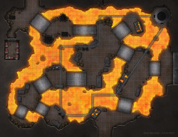 venatusmaps:  A layout of what would be (for the fire giants anyways) a relatively smaller sized forge, built atop several ‘islands’ connected by bridges above the lava. A water flume travels overhead bringing underground spring water to various points