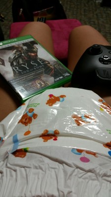 werenotadulting:  New video game (no bathroom breaks!) and a double padded diaper because he said she can’t be trusted not to wet her diaper too much :(  Might have to get some more Bambinos with the sale they have going on 😁