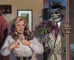 sweetappletea:   This is for a German horror/pulp magazine but I can’t unsee it as some skeleton detective surprising his wife 