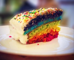 hhhoneycupcake:A rainbow-coloured piece of cake, just as everyone’s life should be ^^You see, I have a friend who actually bakes cupcakes and cakes and other sweet things (I only say I bake them when really I just draw them ;) ) and this was one of