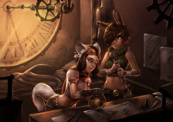 denesta:  d-rex-art: A commission for @denesta​ and @clockworkmessenger of their characters Sugar and Hare :D! This was a lot of fun to paint, but I’m still struggling with achieving depth and separating characters and foreground elements from the