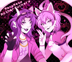 ~☆♡♔♡☆   All hail the Kitty Princesses   ☆♡♔♡☆~     I got carried away with this picture haha but it was a lot of fun ! I wanted to draw the both of them together, they’re both pretty pink+purple kitty princesses &lt;3 Plus Nepeta