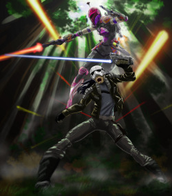 soupykins:  sanderdoesart:  Rebels So Star Wars comes out this week and I’m going crazy so here is a painting of Grown-up Ezra Bridger and Sabine Wren from Star Wars: Rebels, fighting for their lives on the Forest Moon of Endor.  If you like it, do