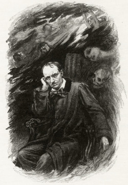 floserber:  Georges Rochegrosse, Charles Baudelaire, 1917, wood engraved portrait of Baudelaire surrounded by ghosts; frontispiece to Les fleurs du mal, 18.1 x 12.3 cm