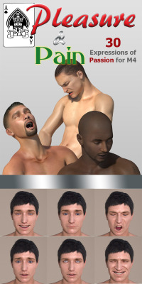  Pleasure and pain  comprises 30 facial expressions for DAZ&rsquo;s Michael 4 base. Subtle, not so  subtle, tender, amorous, lustful, horny, sleepy, and in the afterglow  of sweet sweet lurve, these expressions are all modelled on actual  people to reflec