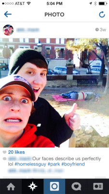 eyeofcompassion:  bonitaapplebelle:  ninecansofravioli:  diary-of-a-phoenix:  sica49:  baskintheafterglow:  unite4humanity:  The latest craze in White Privilege…. taking selfies with homeless people. You entitled little shits! People living and struggling