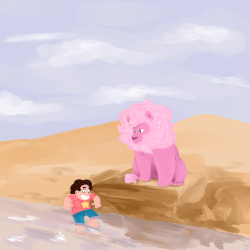 panthersprite:  To the water!  Steven and Lion went to play in the desert and found a river! Lion would rather not get his feet wet, though 