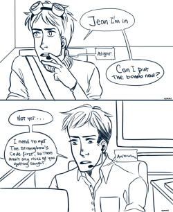 aymmichurros:  Guys it’s a super-important-life-risking mission, please. More of the au i’ve been working on, these are panels (that i didnt really mean to post but hey) from the comic I’m doing about Eren and Jean being themselves and Jean still