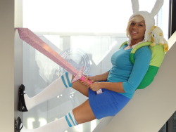 rainbowredwood:  Coplaying Fionna from Adventure Time. I made the hat (crocheted), the backpack, clip in bangs, and sword. What time is it?!