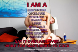 mindlessjoslave:  Come on, say it. OUT LOUD. And pump that cock of yours. Every word that escapes your lips gets you harder and harder as you acknowledge the truth. You are at the bottom of the sexual totem pole, a porn addicted deviant who wants nothing