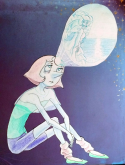 dratthepopulation:  Young Pearl, uh, ‘coping.’ Colored pencils, Sharpie pen, Xacto knife and stock paper! I thought that a leaf from the Stardust Stack was an appropriate background for them.  